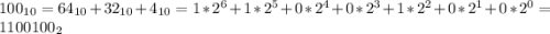 100_{10} = 64_{10} + 32_{10} + 4_{10} = 1*2^{6} + 1*2^{5} + 0*2^{4} + 0*2^{3} + 1*2^{2} + 0*2^{1} + 0*2^{0} = 1100100_{2}