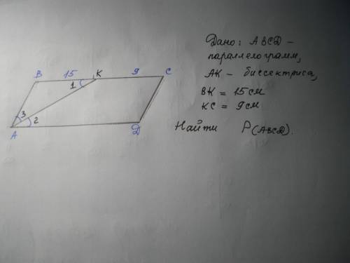 Биссектриса угла a параллелограмма abcd пересекает сторону bc в точке k. найдите периметр этого пара