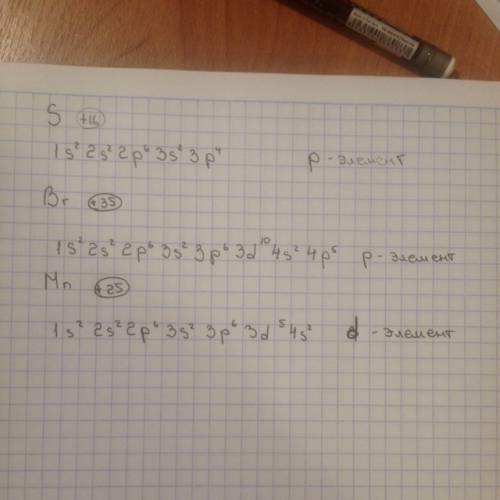 Изобразите электронные конфигурации атомов, укажите тип (s-, p-, d-) элементов 1) сера 2) бром 3) ма
