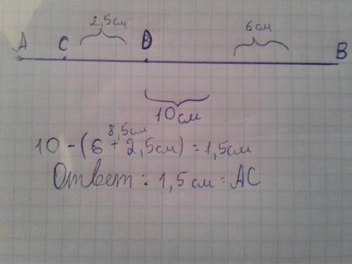 Начертите отрезок аб= 10 см и отметьте на нём точки c и d ,так, что bd= 6 см cd = 2 см 5 мм. чему ра