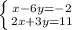 \left \{ {{x-6y = -2} \atop {2x+3y = 11}} \right.