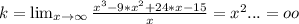 k=\lim_{x \to \infty} \frac{x^3-9*x^2+24*x-15}{x}= x^2... = oo