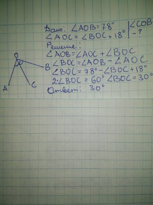 Луч ос делит угол аов на два угла. найдите угол сов если аов 78 а угол аос на 18 меньше угла вос