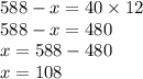 588 - x = 40 \times 12 \\ 588 - x = 480 \\ x = 588 - 480 \\ x = 108