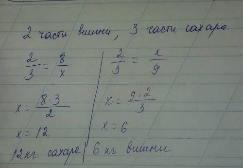 Для приготовления вишневого варенья нужно 2части вишни и 3 части сахарного песка. сколько килограммо