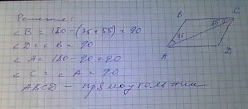 Диагональ параллелограмма образует со смежными сторонами параллелограмма углы 35° и 55°. найдите вел