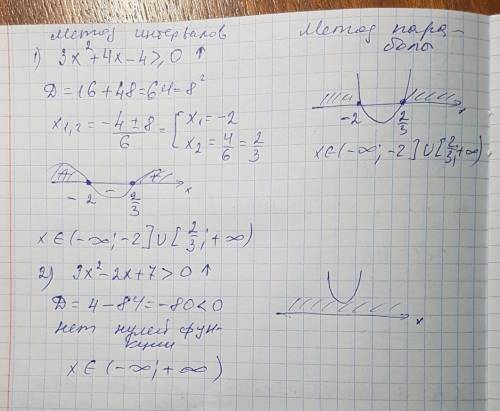 Решение квадратных неравенств 3х²+4х-4> или=0 ; 3х²-2х+7> 0 решить через дескриминант с порабо