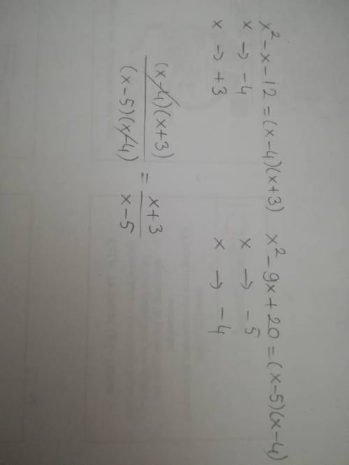 Сократите дробь: x^2-x-12\x^2-9x+20. заранее )