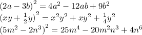 {(2a - 3b)}^{2} = 4 {a}^{2} - 12ab + 9 {b}^{2} \\ {(xy + \frac{1}{2} y)}^{2} = {x}^{2} {y}^{2} + x {y}^{2} + \frac{1}{4} {y}^{2} \\ {(5 {m}^{2} - 2 {n}^{3} )}^{2} = 25 {m}^{4} - 20 {m}^{2} {n}^{3} + 4 {n}^{6}