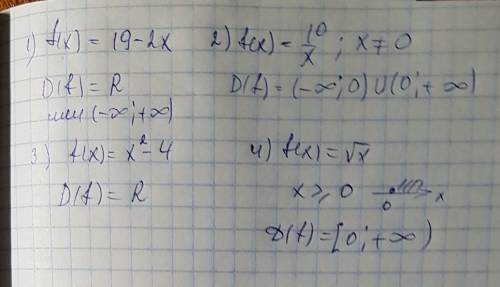 Найти область определения функции f(x)=19-2x f(x)=10/x f(x)=x2-4 f(x) =корень х