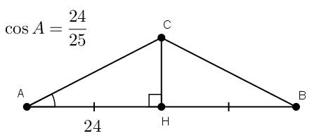 Треугольник авс, ас=вс, ав=48, соsа= 24÷25 , найти ch высоту