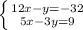 \left \{ {{12x - y = - 32} \atop {5x - 3y = 9}} \right. \\