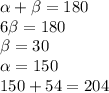 \alpha +\beta =180\\6\beta =180\\\beta =30\\\alpha =150\\150+54=204