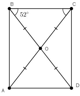 Впремоугольнике авсd угол свd=52 градусов. найдите угол вос (о- точка пересечения диагоналей)