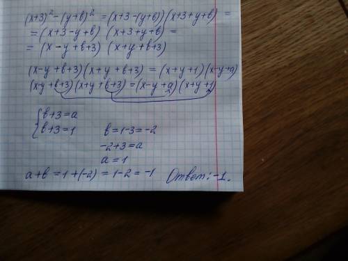 Найдите (а+б) из равенства (х+3)^2-(у+б)^2=(х+у+1)(х-у+а)