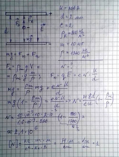 Пылинка гуммигута зависает между пластинами плоского конденсатора с напряжением на пластинах 200в и