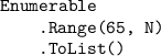 \texttt{Enumerable}\\\texttt{{ }{ }{ }{ }.Range(65, N)}\\\texttt{{ }{ }{ }{ }.ToList()}\\\texttt{{ }{ }{ }{ }.ForEach(t = Console.Write($"\{(char)t\} "));}