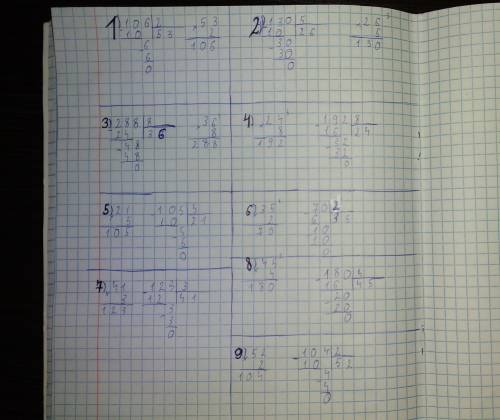 Решите в столбик с проверкой 106: 2, 288: 8, 130: 5, 24×8, 21×5, 35×2, 41×3, 45×4, 52×2.