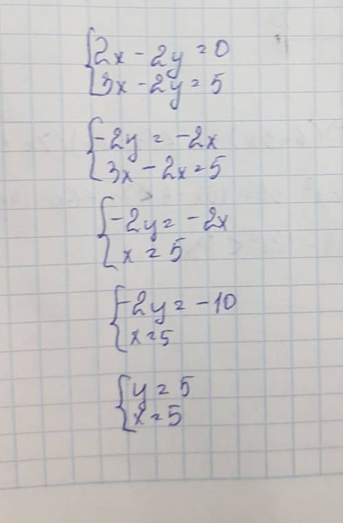 Решите систему уравнений 2х-2у=0 3х-2у=5 вам 19