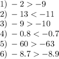 1) \: - 2 - 9 \\ 2) \: - 13 < - 11 \\ 3) \: - 9 - 10 \\ 4) \: - 0.8 < - 0.7 \\ 5) \: - 60 - 63 \\ 6) \: - 8.7 - 8.9