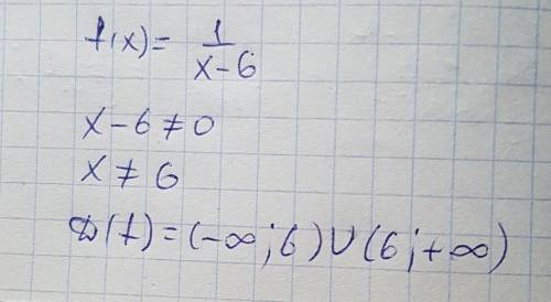 Найдите область определения функции f(x)=1/x-6