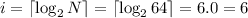 i = \lceil {\log_2{N}} \rceil = \lceil {\log_2{64}} \rceil = 6.0 = 6