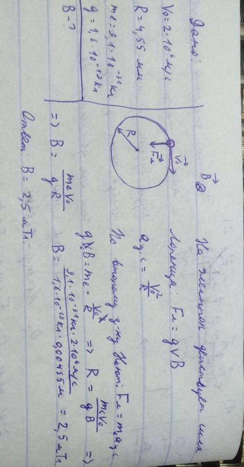 Электрон влетает в однородное магнитное поле со скоростью 2*10^6 м/с перпендикулярной линиями магнит