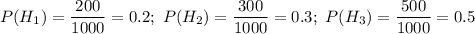 P(H_1)=\dfrac{200}{1000}=0.2;~ P(H_2)=\dfrac{300}{1000}=0.3;~ P(H_3)=\dfrac{500}{1000}=0.5