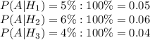 P(A|H_1)=5\%:100\%=0.05\\ P(A|H_2)=6\%:100\%=0.06\\ P(A|H_3)=4\%:100\%=0.04