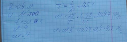 Колесо велосипеда має радіус 0,4м.обчисліть лінійну і кутову швидкості точки на обіді колеса, якщо к