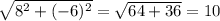 \sqrt{8^{2} + (-6)^{2} } =\sqrt{64+36}=10