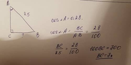 B4. в прямоугольном треугольнике авс с прямым углом с, ав-25, cos a 0.28. найдите вс
