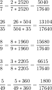 \displaystyle \frac{2}{7}= \frac{2* 2520}{7*2520}= \frac{5040}{17640}\\ \\ \\ \frac{26}{35}= \frac{26*504}{504*35}= \frac{13104}{17640}\\ \\ \\ \frac{8}{9}= \frac{8*1960}{9*1960}= \frac{15680}{17640}\\ \\ \\ \frac{3}{8}= \frac{3*2205}{8*2205}= \frac{6615}{17640} \\ \\ \\ \frac{5}{49}= \frac{5*360}{49*360}= \frac{1800}{17640}