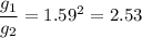 \displaystyle \frac{g_1}{g_2}=1.59^2=2.53