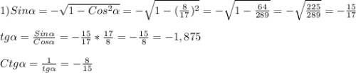 1)Sin\alpha=-\sqrt{1-Cos^{2}\alpha}=-\sqrt{1-(\frac{8}{17})^{2}}=-\sqrt{1-\frac{64}{289}}=-\sqrt{\frac{225}{289}}=-\frac{15}{17}\\\\tg\alpha =\frac{Sin\alpha}{Cos\alpha}=-\frac{15}{17}*\frac{17}{8}=-\frac{15}{8}=-1,875\\\\Ctg\alpha=\frac{1}{tg\alpha}=-\frac{8}{15}