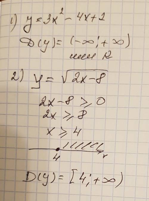 Найдите область определения функции y=3x^2-4x+2 y=✓2x-8