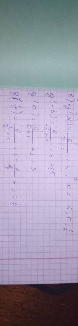 Найдите значение функции y=g(x) в заданных точках в) g(x)=6/(x+1) +3 , x=-5; 0; 1/5