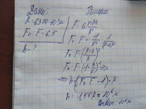 Вычислите высоту на которой гравитационная сила, действующая на тело будет в 6.5 раз меньше, чем на