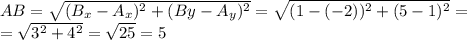 AB = \sqrt{(B_{x} - A_{x})^{2} + (B{y} - A_{y})^{2}} = \sqrt{(1 - (-2))^{2} + (5 - 1)^{2}} = \\=\sqrt{3^{2} + 4^{2}} =\sqrt{25} = 5