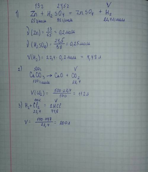 Решить 3 , заранее ! 1) 13 г zn вступила в реакцию с 24,5 г h2so4. найти v водорода 2) при разложени