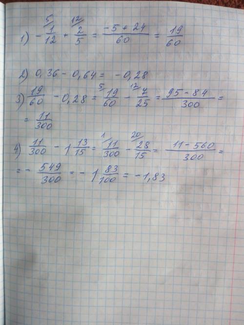 Уменя сейчас соч. . (-1/12+2/,36-0,64)-1 13/15 решите с действиями