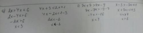 Решите систему неравенств: а) 2х> 4х+6, 4х+3< 2х+1. б) 3х+7> 7х-9, х-3> -3х+1