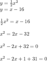 y= \frac{1}{2} x^2\\y=x-16\\ \\ \frac{1}{2} x^2=x-16\\ \\ x^2=2x-32\\ \\ x^2-2x+32=0\\ \\ x^2-2x+1+31=0\\