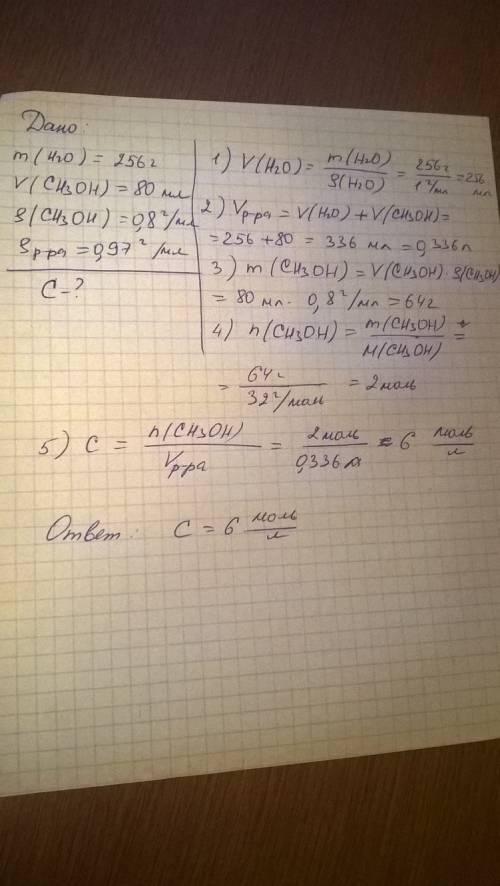 В256 г воды растворили 80 мл метанола ch3oh(плотность=0,8 г/мл). рассчитайте молярную концентрацию п