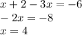 x + 2 - 3x = - 6 \\ - 2x = - 8 \\ x = 4