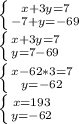 \left \{ {{x+3y=7} \atop {-7+y=-69}} \right. \\\left \{ {{x+3y=7} \atop {y=7-69}} \right. \\\left \{ {{x-62*3=7} \atop {y=-62}} \right. \\\left \{ {{x=193} \atop {y=-62}} \right.