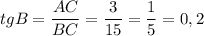 tgB=\dfrac{AC}{BC}=\dfrac{3}{15}=\dfrac{1}{5}=0,2