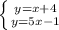 \left \{ {{y=x+4} \atop {y=5x-1}} \right.