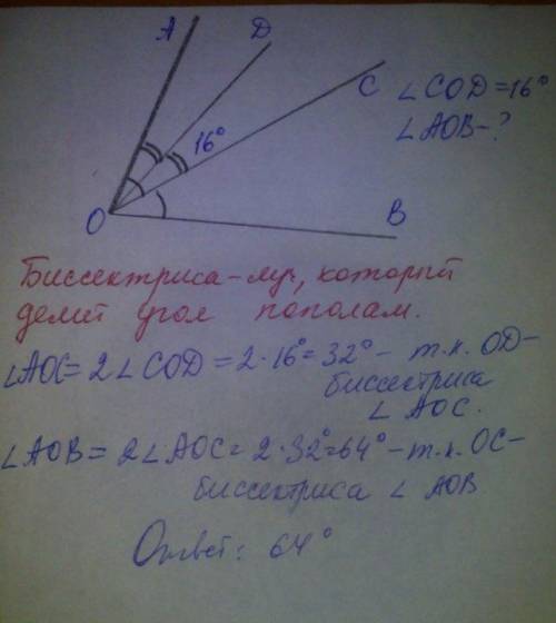 Луч oc является биссектрисой острого угла aob. луч od-биссектриса aoc. найдите угол aob, если cod=16