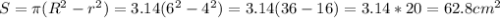 S = \pi(R^2-r^2)=3.14(6^2-4^2)=3.14(36-16)=3.14*20=62.8 cm^2